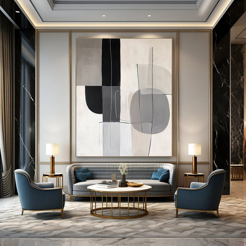 Contemporary hand-painted abstract artwork featuring gray, white, and black shapes that embody the elegance and simplicity of Japandi style. DLZ1050