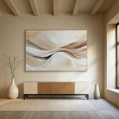 “Beige Flowing Waves” - Beige, White, Abstract Curves - Minimalist Acrylic Painting HB1489