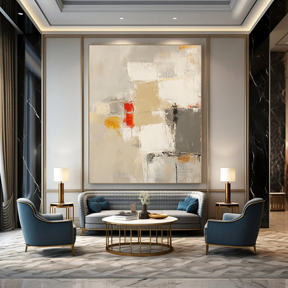 Contemporary abstract painting in neutral beige and gray tones with bold strokes and accents of yellow and red for a striking visual impact. DLZ0756
