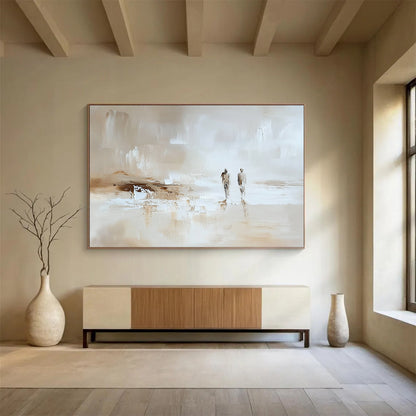 “Beach Stroll in Neutral Tones” - Beige, white, brown; Two figures walking on an abstract beach; Impasto Oil Painting On Canvas HB1196