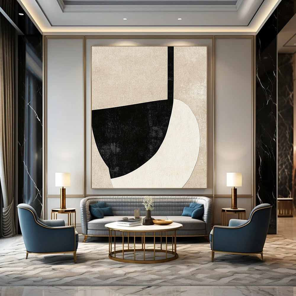Contemporary hand-painted abstract artwork featuring bold black outlines on textured beige background ideal for minimalist wall decor. DLZ1467
