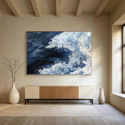 “Ocean Vortex” - Deep Blue, White, Dynamic Sea Painting On Canvas HB0696