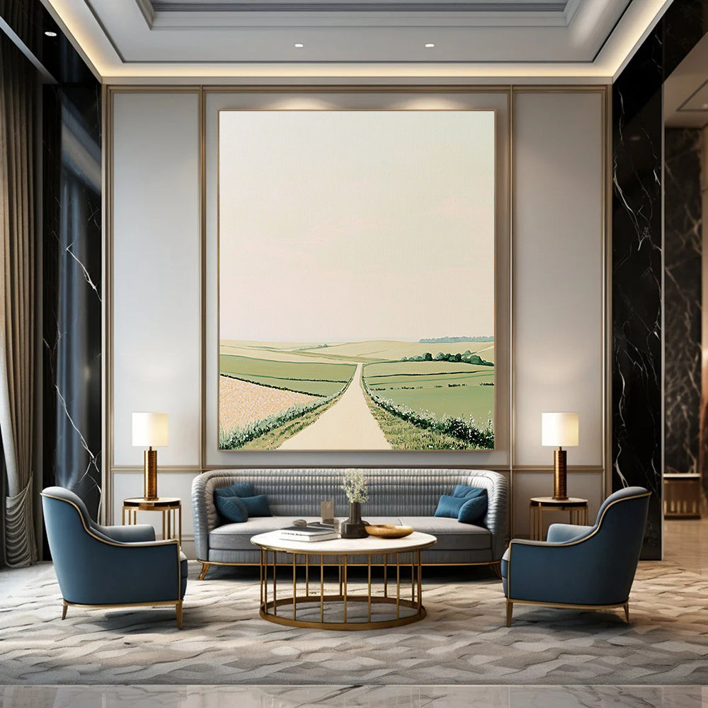 Contemporary hand-painted abstract art featuring rolling green fields and minimalistic Scandinavian style in muted pastels on a beige background. DLZ1503