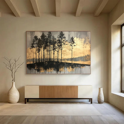 “Gilded Forest Reflections” - Dark grays, blacks, shimmering golds; Silhouetted trees, reflective water; Minimalist Landscape Painting On Canvas HB1158