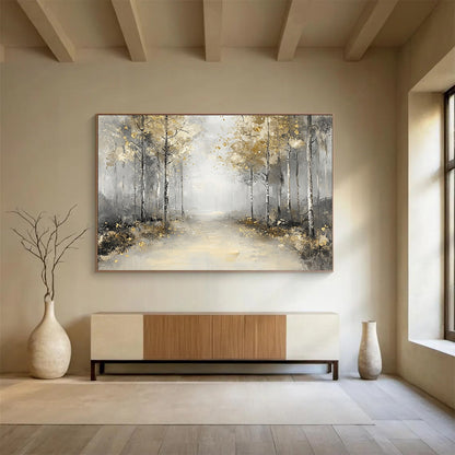 “Misty Forest Path with Gold” - Gray, Gold, Serene Forest Landscape Painting On Canvas HB0881