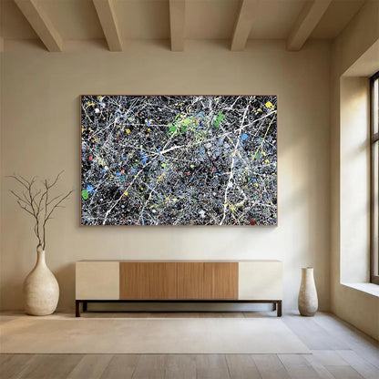 “Colorful Splatter Abstract” - Black, Colorful Splatters, White Lines - Painting On Canvas HB1433