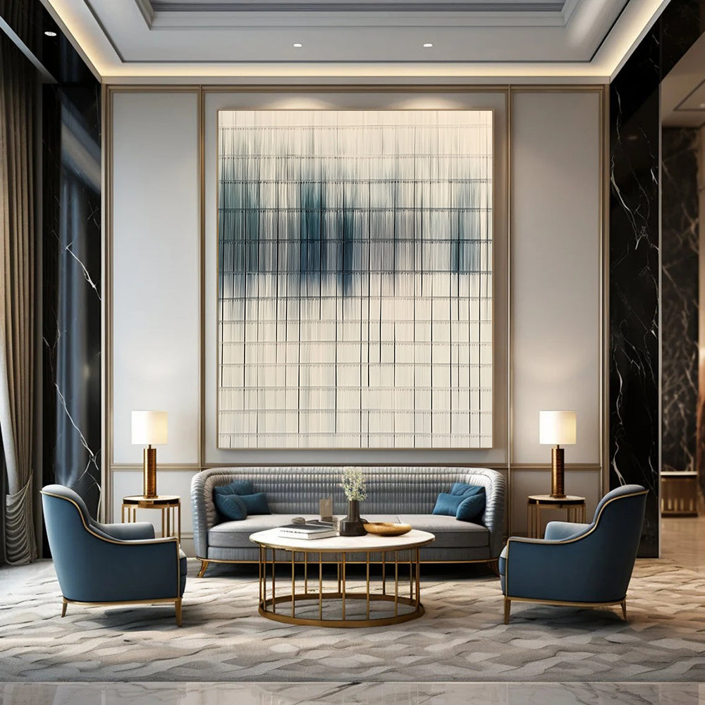 Contemporary hand-painted abstract art featuring woven lines in white and blue, symbolizing clean air and environmental awareness in a modern urban backdrop. DLZ1432
