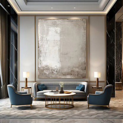 Contemporary hand-painted abstract art featuring soft neutral tones and aged textures with subtle outlines of buildings and trees for depth. DLZ1278