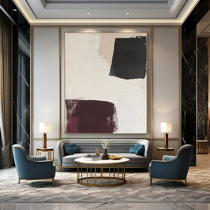 Contemporary hand-painted abstract art featuring large white burgundy and black shapes with soft neutral backgrounds and delicate fabric accents. DLZ1332