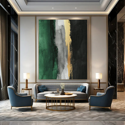 Contemporary abstract artwork featuring thick brush strokes gold leafing and a color palette of gray white black and green with a striking vertical yellow line. DLZ1630