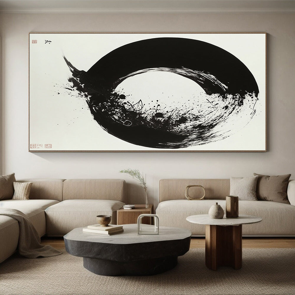 White, Black with Enso - like Circle "Zen Essence" Abstract Painting On Canvas HB020