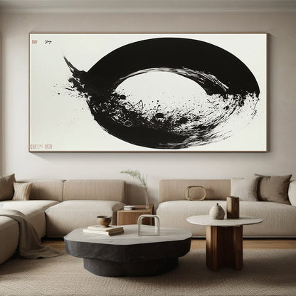 White, Black with Enso - like Circle "Zen Essence" Abstract Painting On Canvas HB020