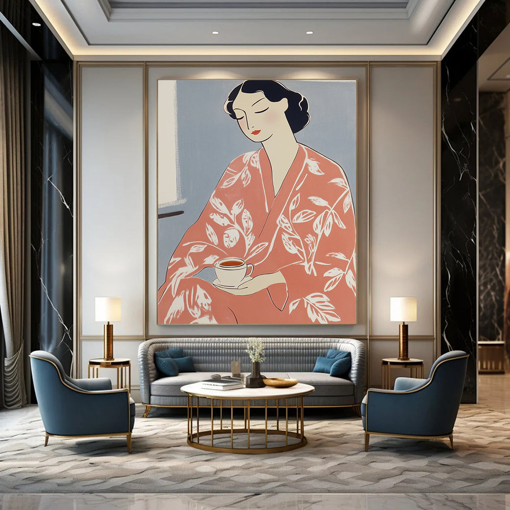 Contemporary abstract artwork features a woman in a pink kimono holding tea adorned with a white flower pattern inspired by Matisse's vibrant style. DLZ1597