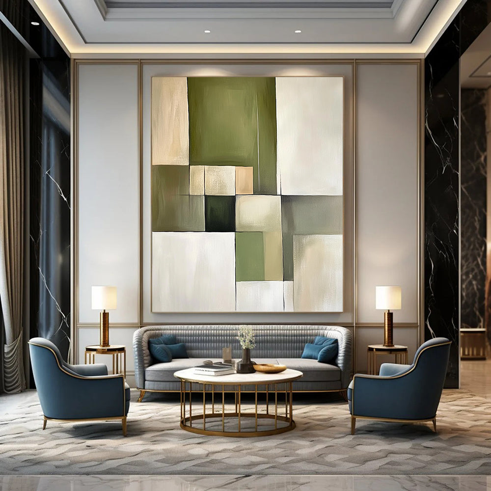 Contemporary abstract painting featuring green and beige blocks with soft tones and simple lines, embodying minimalism and geometric shapes on canvas. DLZ0747