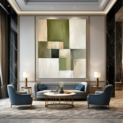 Contemporary abstract painting featuring green and beige blocks with soft tones and simple lines, embodying minimalism and geometric shapes on canvas. DLZ0747