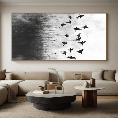 Black and White Birds in Field "Misty Flight" Painting On Canvas HB301