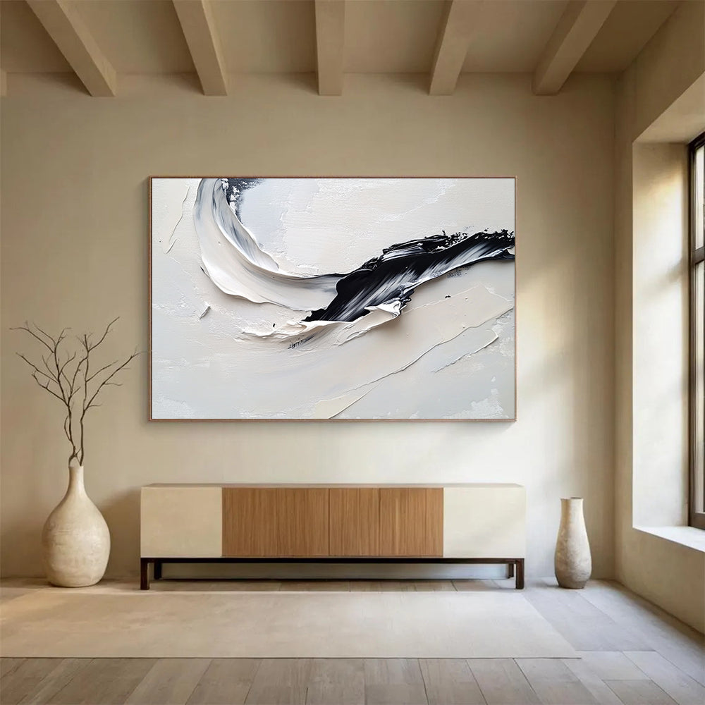 “Curved Black - White Textures” - Black, White, Curved Thick Textured Strokes - Impasto Oil Painting HB1779