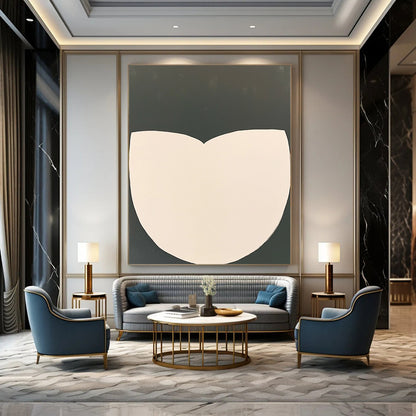 Contemporary abstract artwork featuring white half-circles on a dark gray background emphasizing simplicity and minimalism with clean lines. DLZ1428