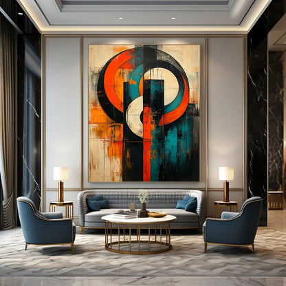 Bold contemporary abstract artwork featuring large circles and geometric lines in vibrant orange teal blue white black red and grey on canvas texture. DLZ1037
