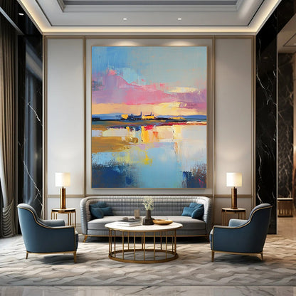 Contemporary abstract painting showcasing a dreamy oil-painted sky above an RAF base with vibrant scripted colors reflecting on water below. DLZ0660