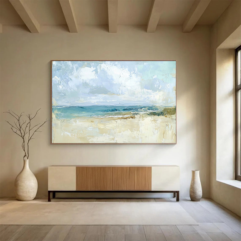 “Abstract Beach Scene” - Blues, Beiges, Whites, Softly Painted Beach and Sky - Abstract Acrylic Painting HB1709