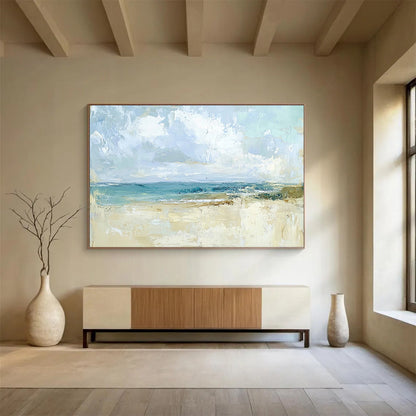 “Abstract Beach Scene” - Blues, Beiges, Whites, Softly Painted Beach and Sky - Abstract Acrylic Painting HB1709