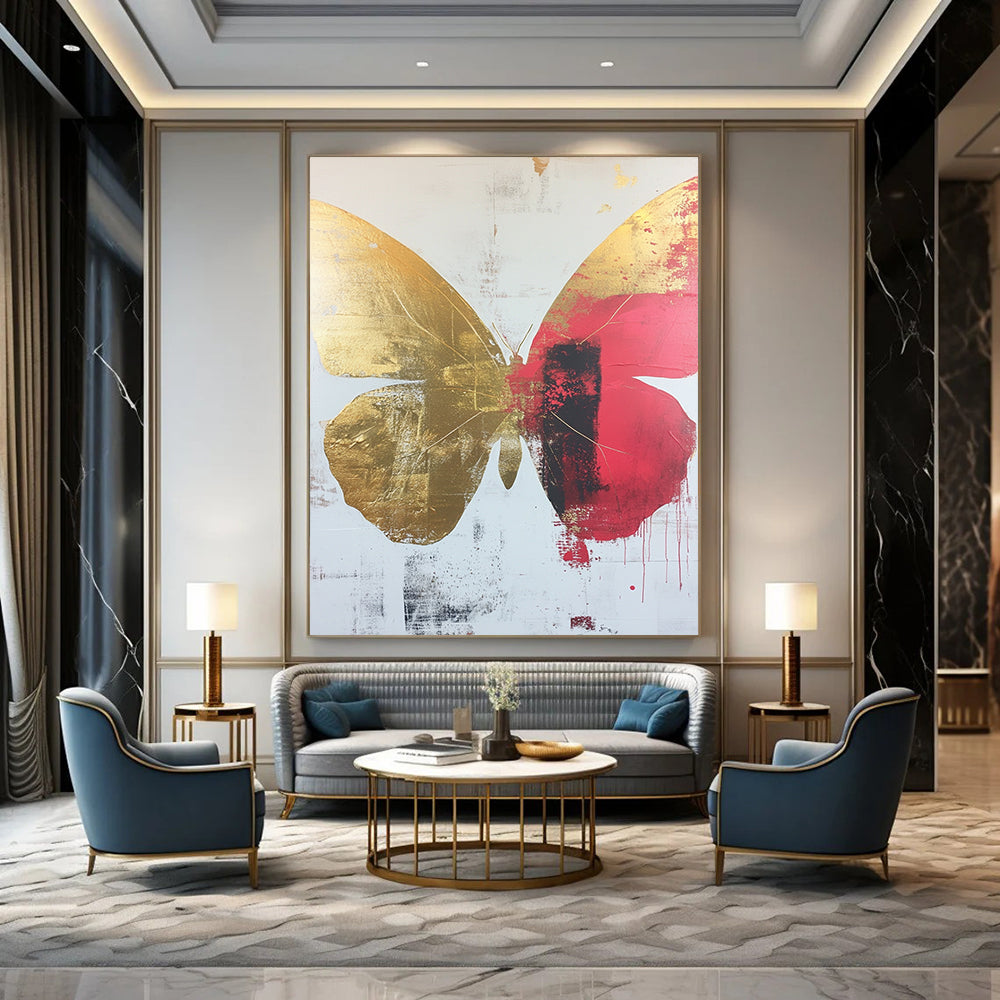 Contemporary abstract art featuring a striking butterfly design on a white background adorned with gold and red accents. Ideal for modern spaces. DLZ0369