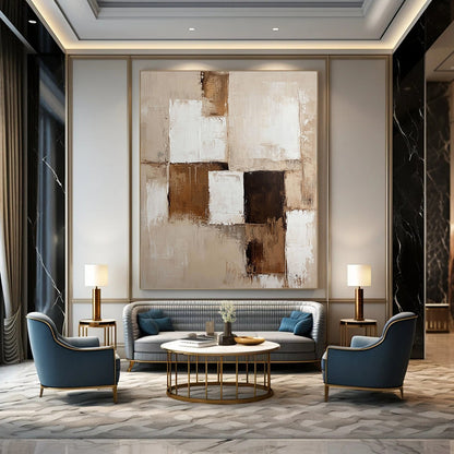 Contemporary abstract painting with beige and white tones and brown accents on textured canvas creates a perfect neutral wall accent. DLZ0289