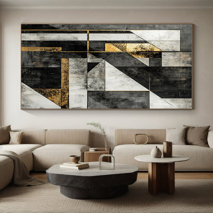 Black, White, Gray, Gold, Modular Geometry "Gilded Block Party" Abstract Constructivist - Inspired Painting On Canvas HB129