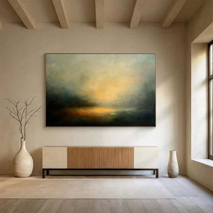 “Ethereal Lake at Sunset” - Greys, Oranges, Yellows, Foggy Sunset Lake - Abstract Oil Painting HB1571