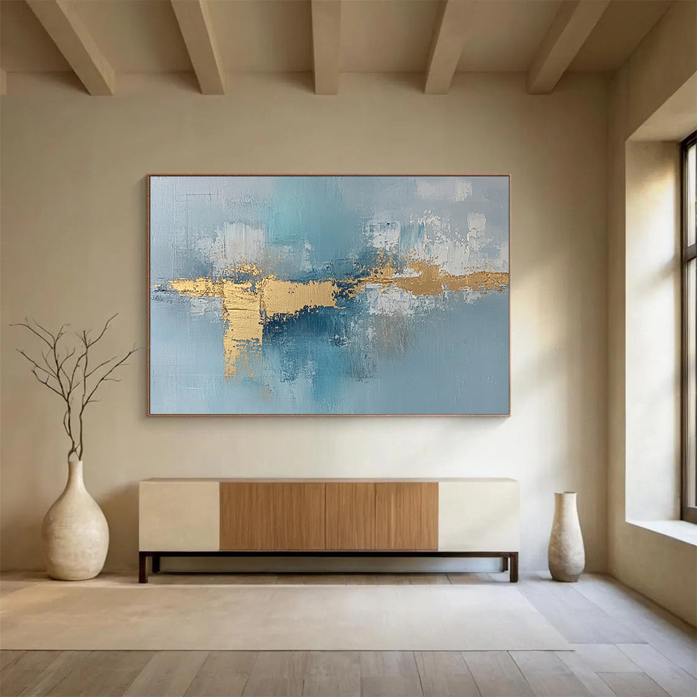 “Blue - Gold Abstract Stripes” - Blue, Gold, White with Textured Stripes - Abstract Acrylic HB1358