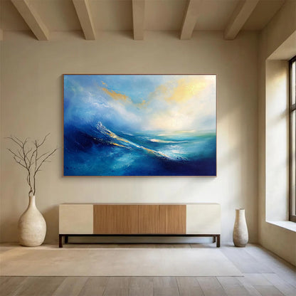 “Blue - Gold Abstract Ocean Waves” - Blue, Gold, White, Ocean Waves Painting On Canvas HB0845