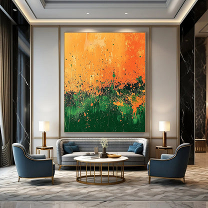 Contemporary abstract painting features vibrant orange and green landscape with splashes of gold and dynamic brush strokes under a surreal light. DLZ0498