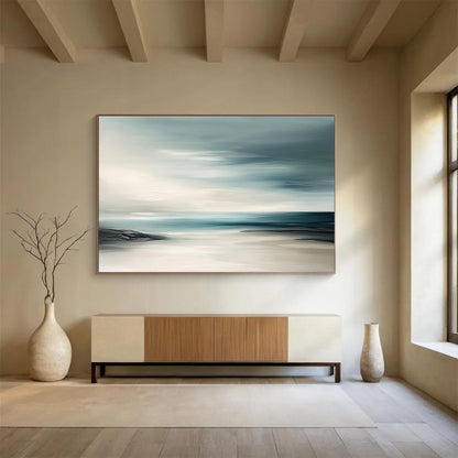 “Abstract Coastal Horizons” - Teal, White, Abstract Coastal Painting On Canvas HB0701