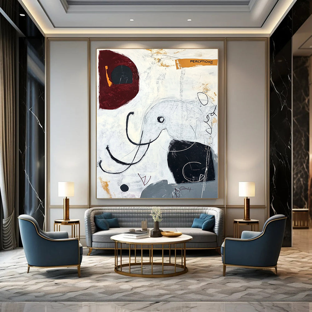 Contemporary hand-painted abstract art featuring an elephant in black lines and circles with a modern surrealistic style that evokes happiness. DLZ1071