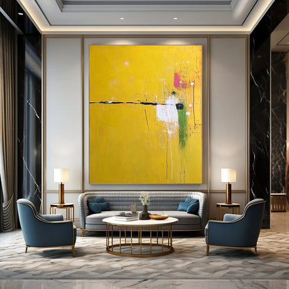 Contemporary large abstract painting featuring vibrant yellow shades with subtle white and green accents adds sophistication to any space. DLZ1296