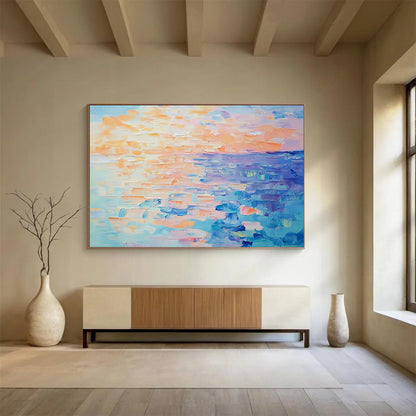 “Pastel Sunset Sea” - Peach, Orange, Blue, Purple, Soft Seaside Dusk Painting On Canvas HB1035