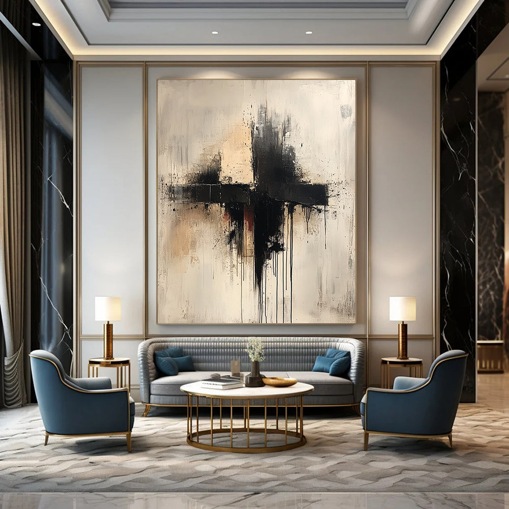 Large contemporary hand-painted abstract artwork featuring a cross in neutral tones with drips splashes and thin lines on a white background. DLZ0593