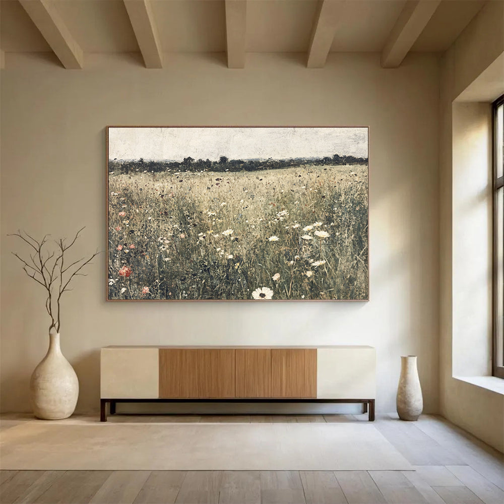“Wildflower Meadow” - Earthy Tones, Pinks, Whites, Realistic Wildflower Field - Oil Painting HB1764