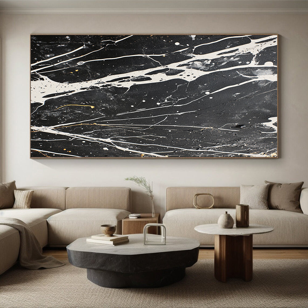 Black, White, Gray, Gold, Intricate Veins "Marbled Night" Abstract Modernist Painting On Canvas HB065