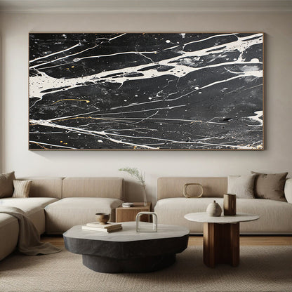 Black, White, Gray, Gold, Intricate Veins "Marbled Night" Abstract Modernist Painting On Canvas HB065