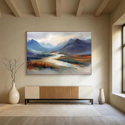 Misty Mountain Valley with River - Ethereal Landscape Painting On Canvas HB0452