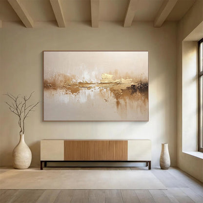 “Golden - Beige Reflective Abstraction” - Gold, Beige, Reflective Textures Painting On Canvas HB0791