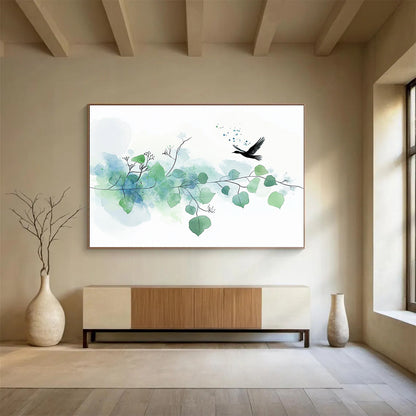 “Delicate Bird & Branches” - Green, Blue, Bird, Branches Painting On Canvas HB0762