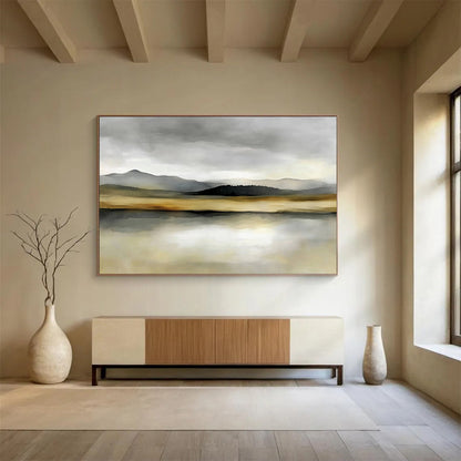 “Misty Mountain Lake” - Gray, Beige, Green, Layered Mountains and Reflective Lake Painting On Canvas HB0916