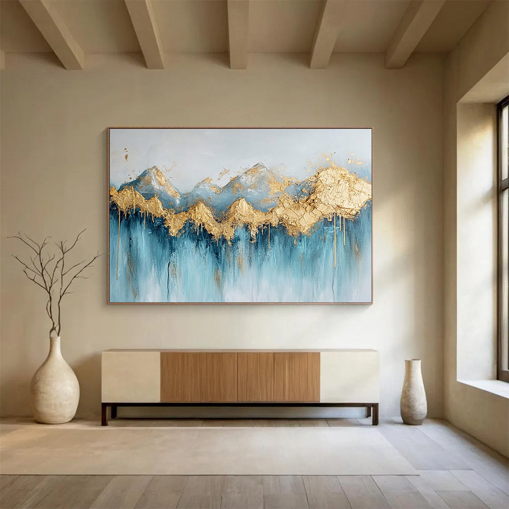 “Gilded Peaks Cascade” - Blue, Gold, White, Textured Mountain & Waterfall Scenes Painting On Canvas HB1020