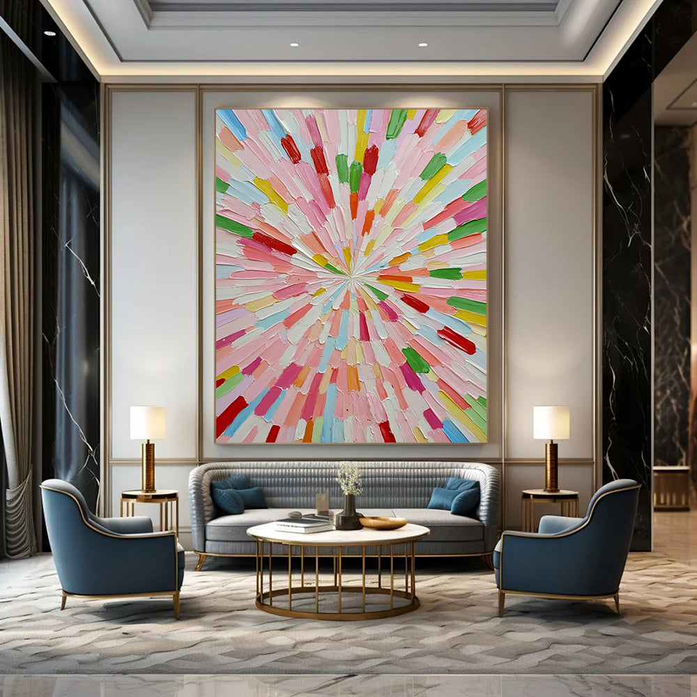 Large contemporary abstract artwork featuring vibrant colors in a sunburst pattern crafted from small paper sticks on a white background. DLZ1275