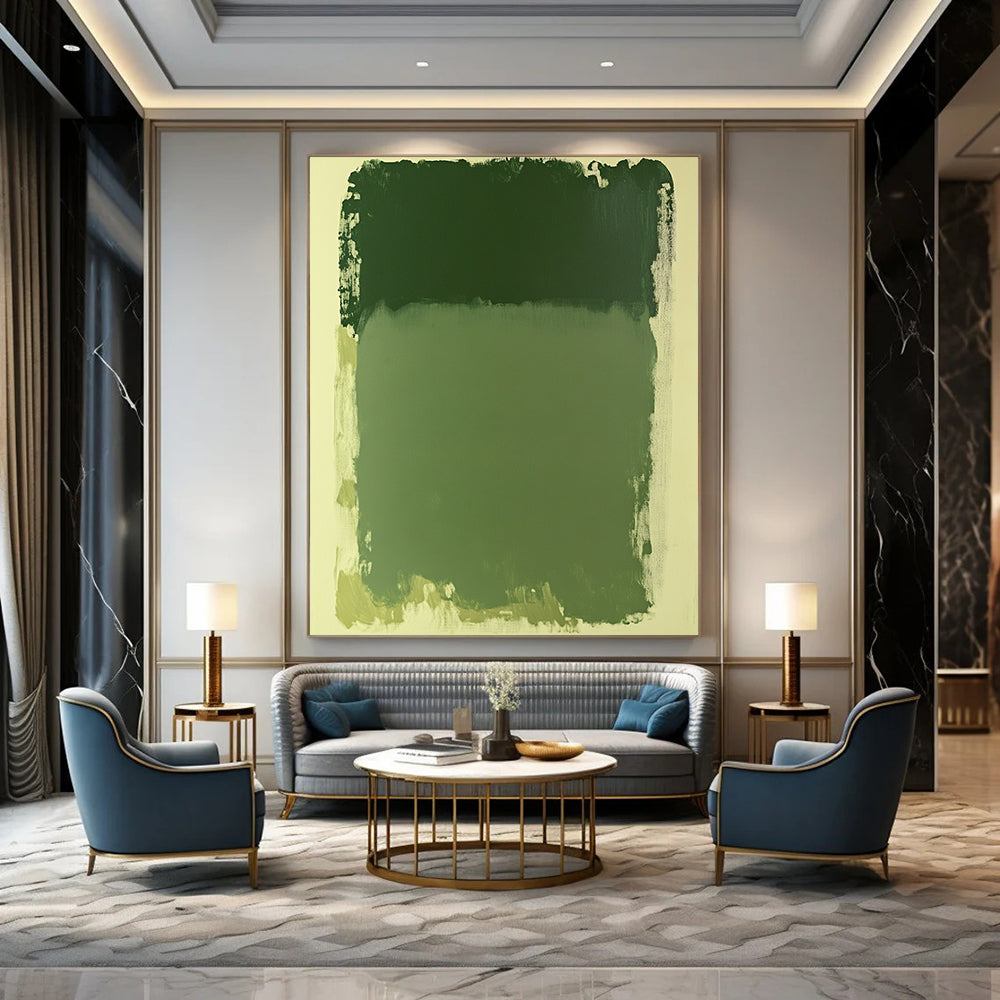 Contemporary abstract painting in green hues featuring a large rectangular shape on a serene white background. Perfect for modern aesthetics. DLZ1656