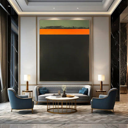 Contemporary abstract art features a bold orange strip atop a dark green background showcasing elegant simplicity and striking color contrast. DLZ1634