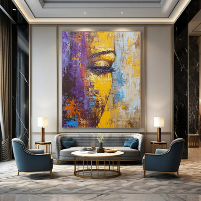 Contemporary hand-painted abstract artwork featuring textured palette knife techniques and vibrant hues of brown yellow purple and blue in an old cityscape. DLZ0581